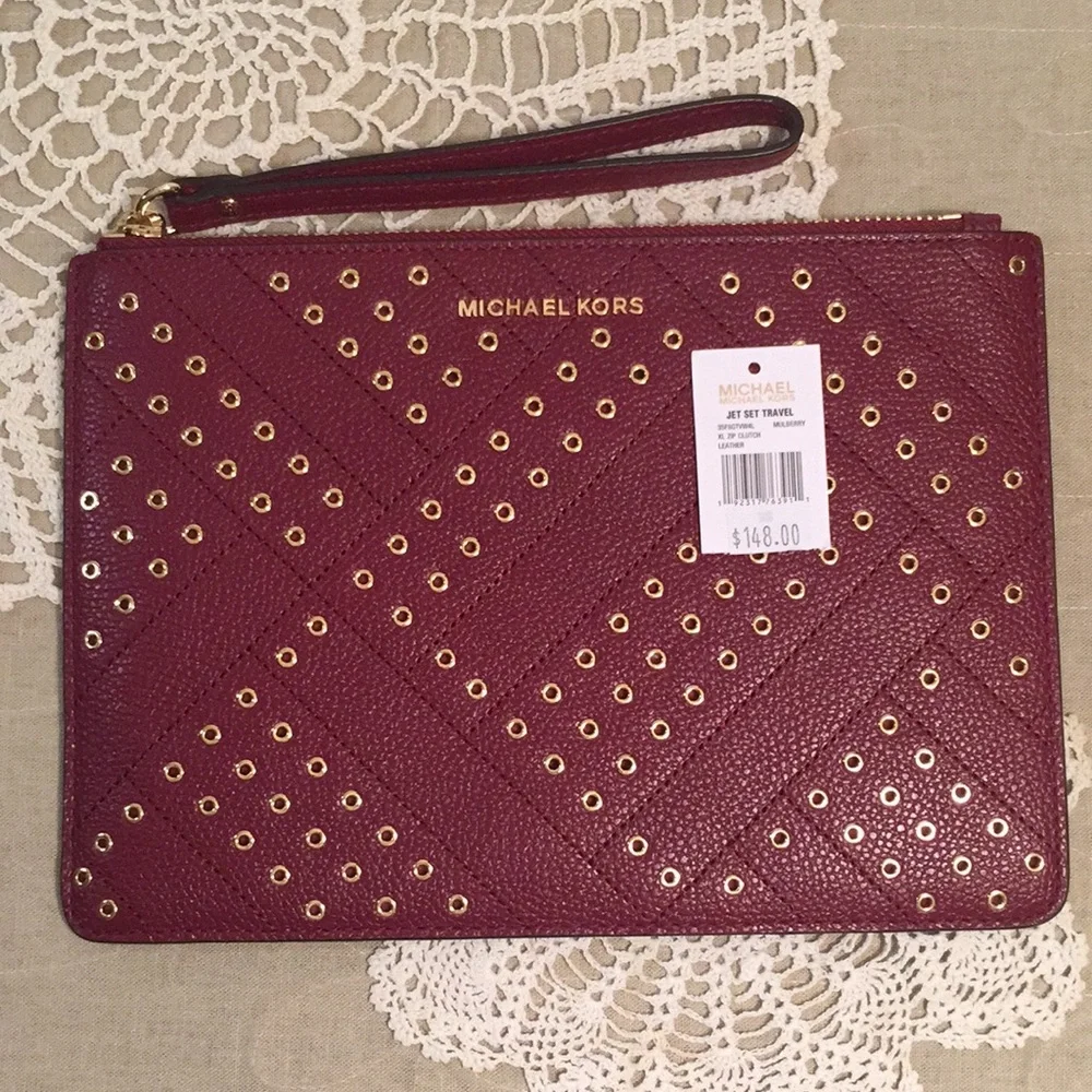 Michael Kors Mulberry Jet Set Travel XL Zip Clutch New